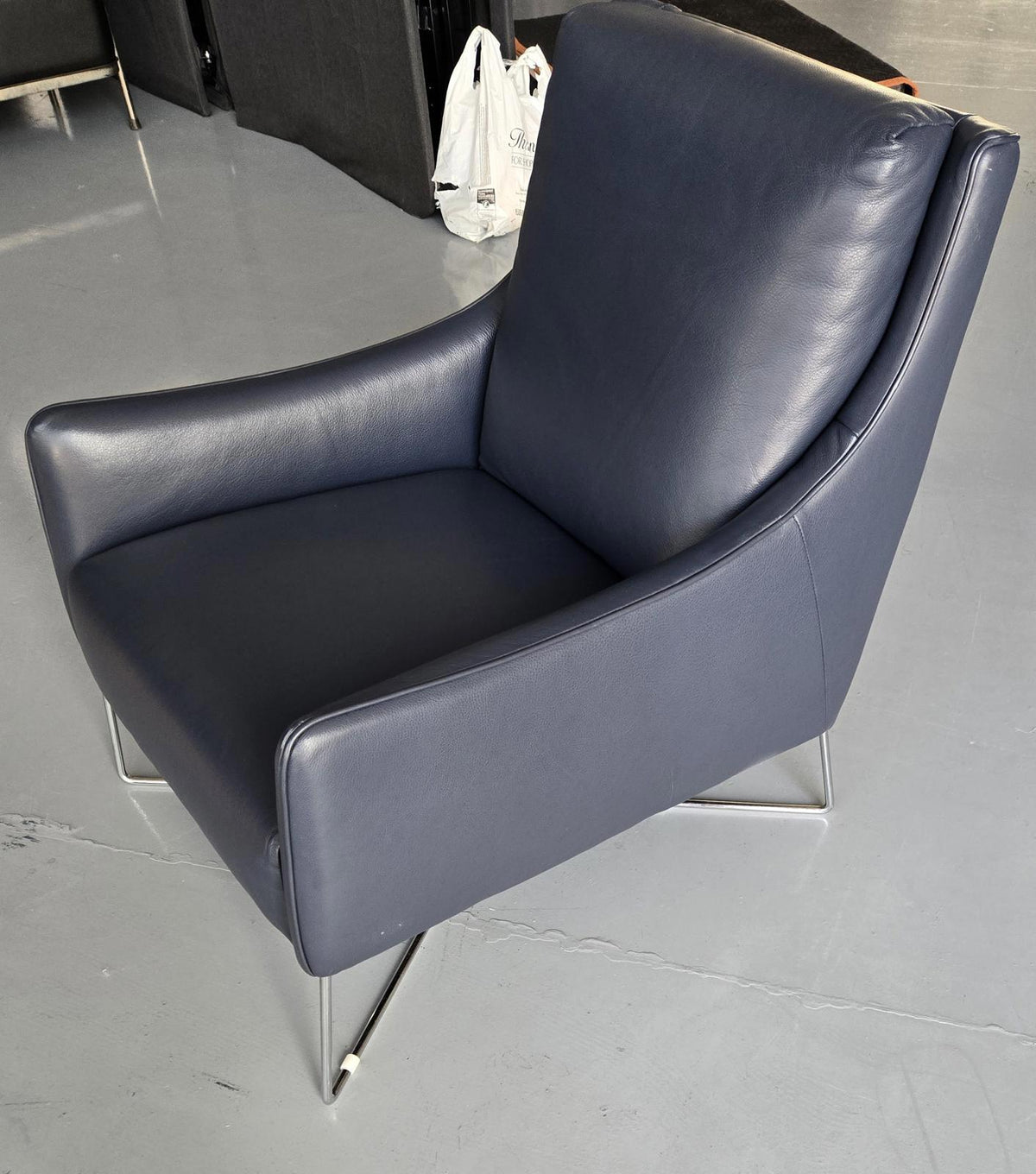 Natuzzi Editions Regina Armchair (CT15), Dark Blue Leather, Chrome base