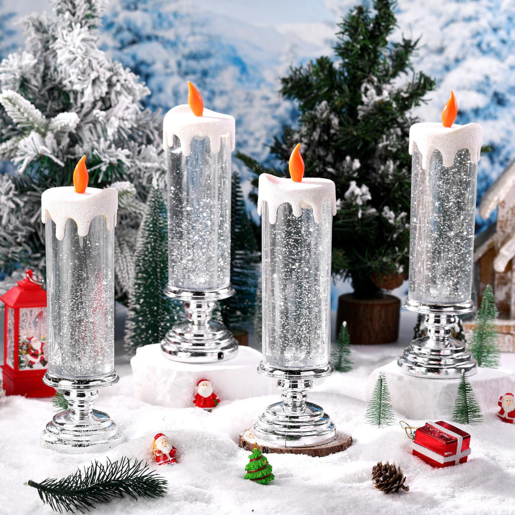 Baquler 4 Pcs 10.6" Christmas Snow Globe Candles with Silver Base