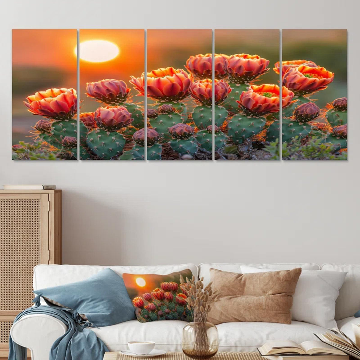 Blooming Cacti At Sunset 28x60