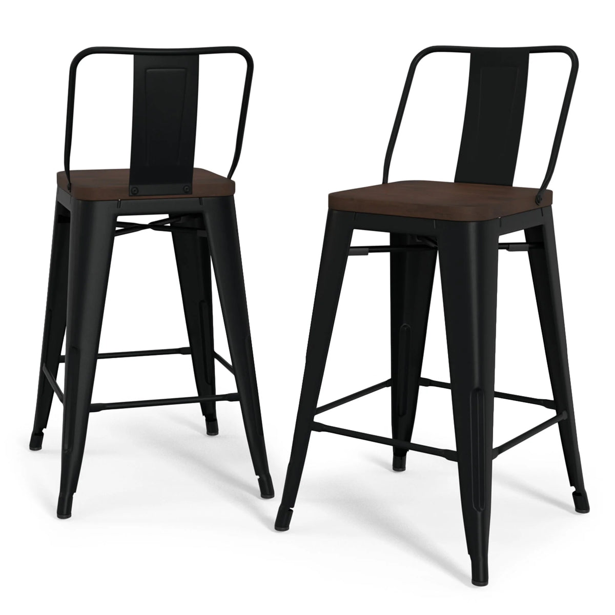 Simpli Home Rayne 24" Counter Stool Set of 2 – Wood Seat Black Metal NEW NIB