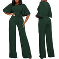 BessCops Womens Loose Short Sleeve Belted Wide Leg Pant Romper, Green