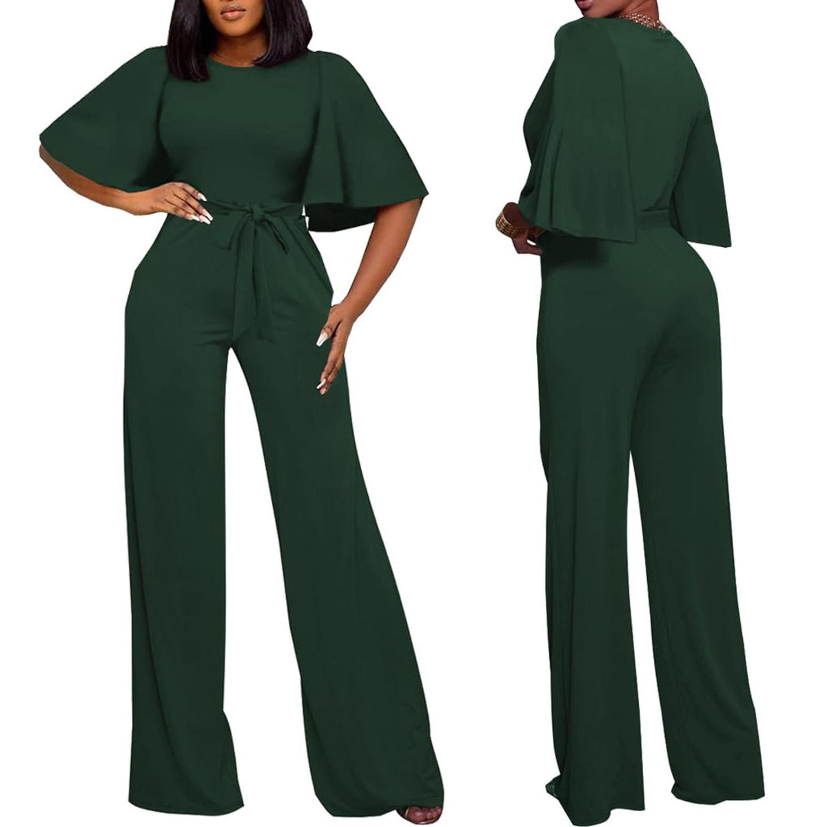 BessCops Womens Loose Short Sleeve Belted Wide Leg Pant Romper, Green