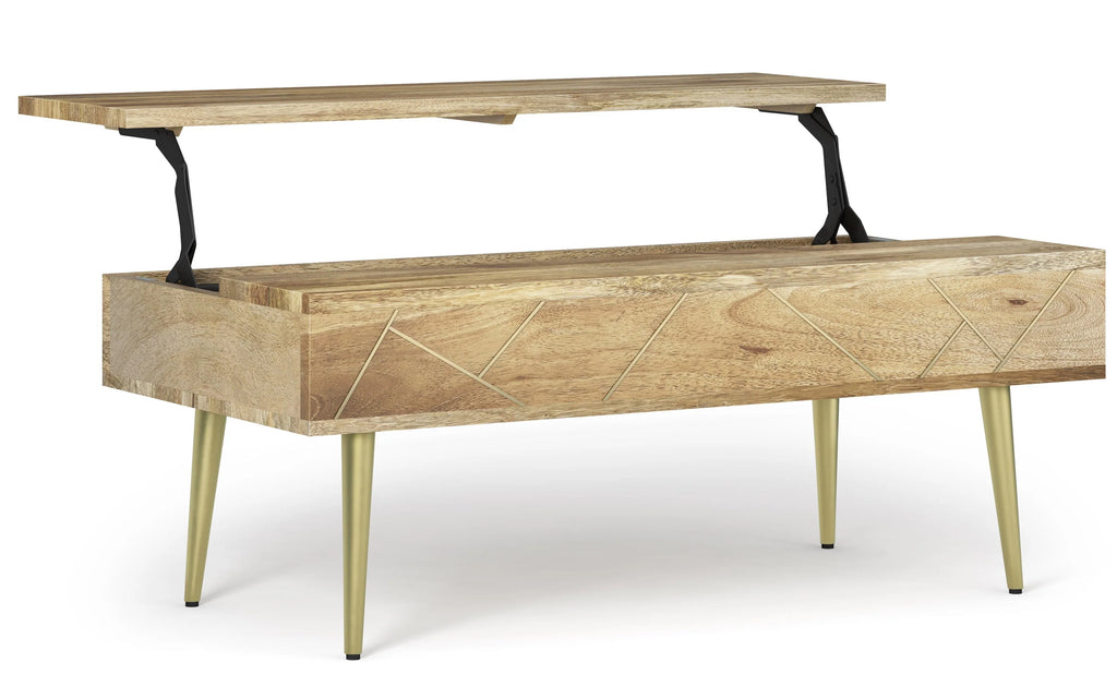 Simpli Home Jager 48" Solid Mango Lift Top Coffee Table Brass Inlay NEW NIB