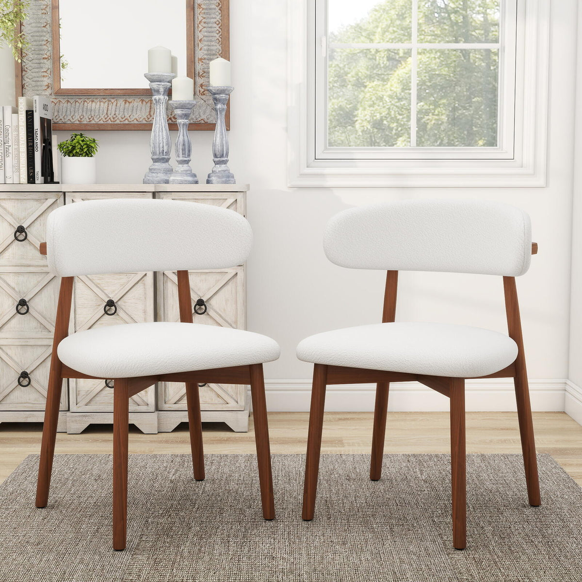 Set of 4 Boucle and Solid Wood Dining Chairs