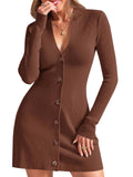Wenrine Womens Deep V Neck Sweater Dress, Coffee, Small