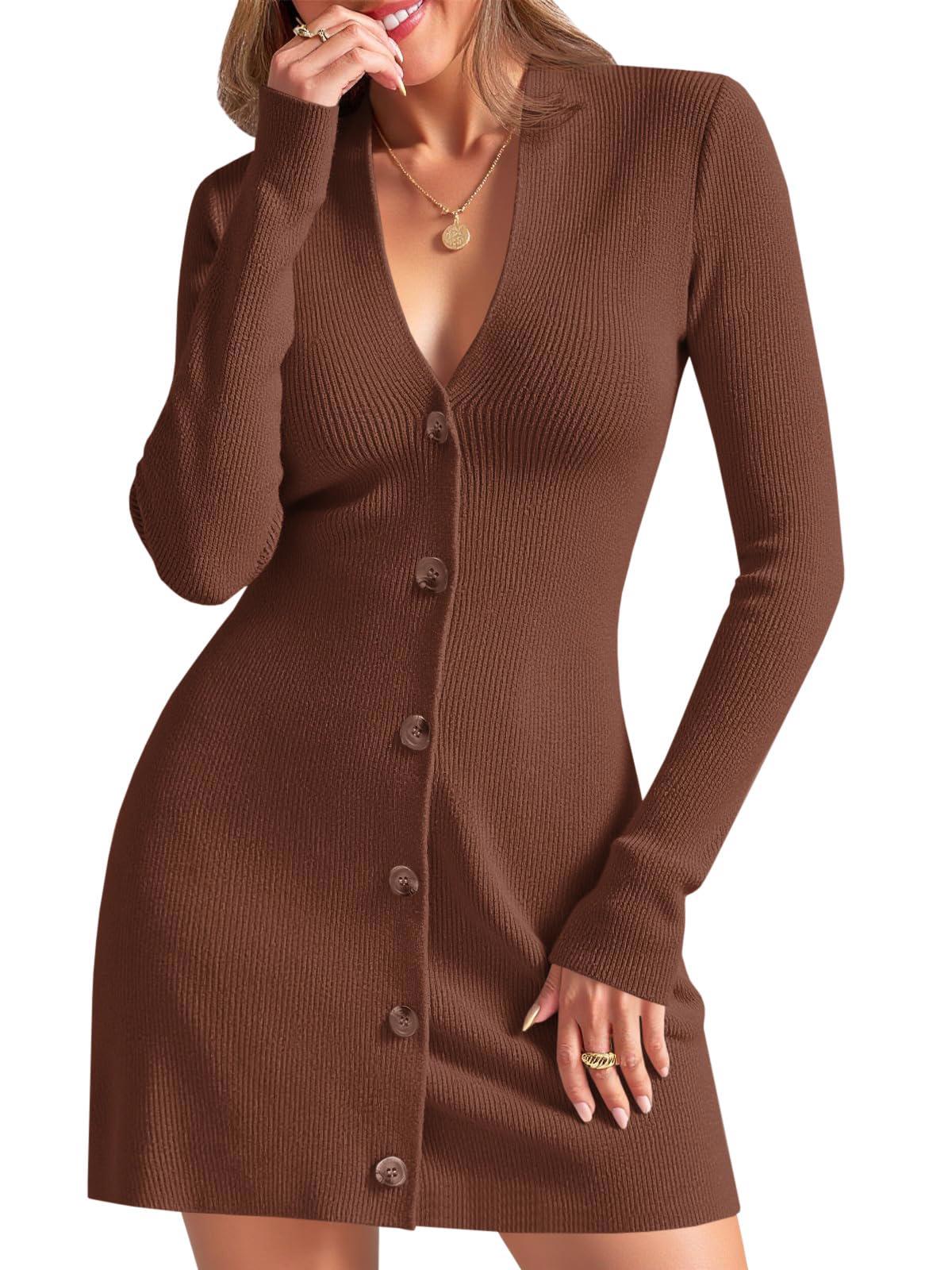 Wenrine Womens Deep V Neck Sweater Dress, Coffee, Small