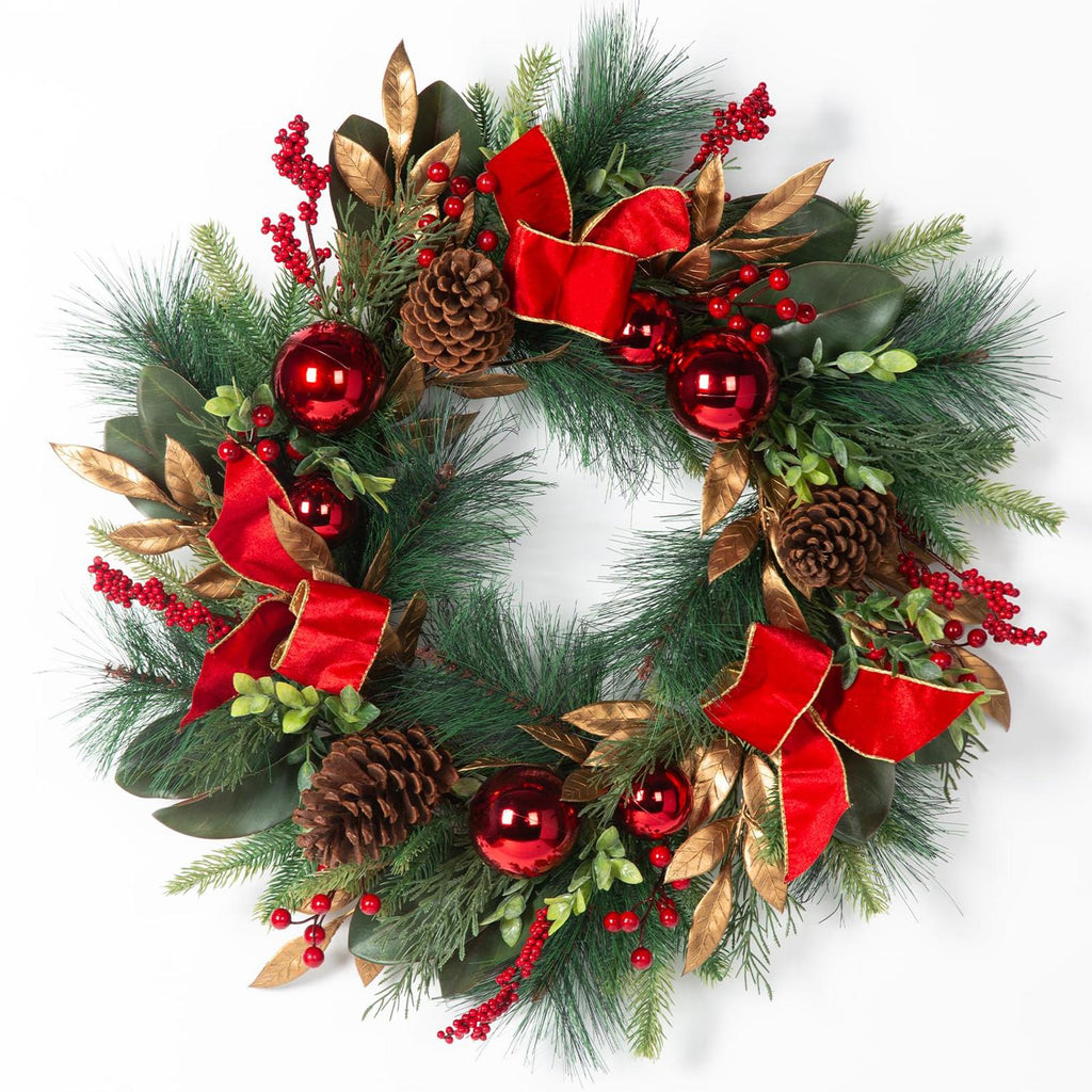 26“ Artificial Christmas Wreath, Red bows and balls