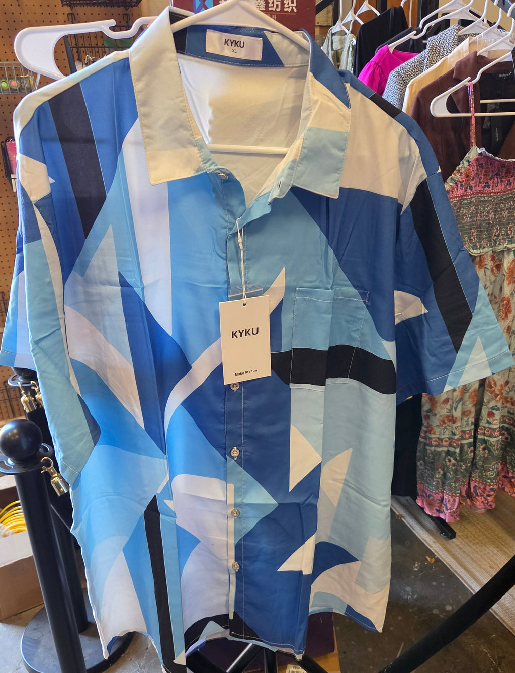 KYKU Men's Geometric Button-Down Beach Shirt Blue Size XL NEW NWT
