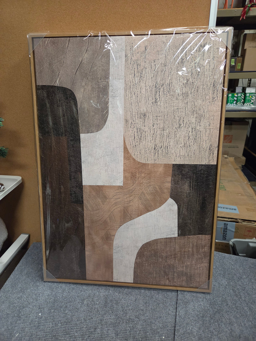 28x20 Framed Abstract Canvas Wall Art – Modern Warm Walnut Natural Oak NEW