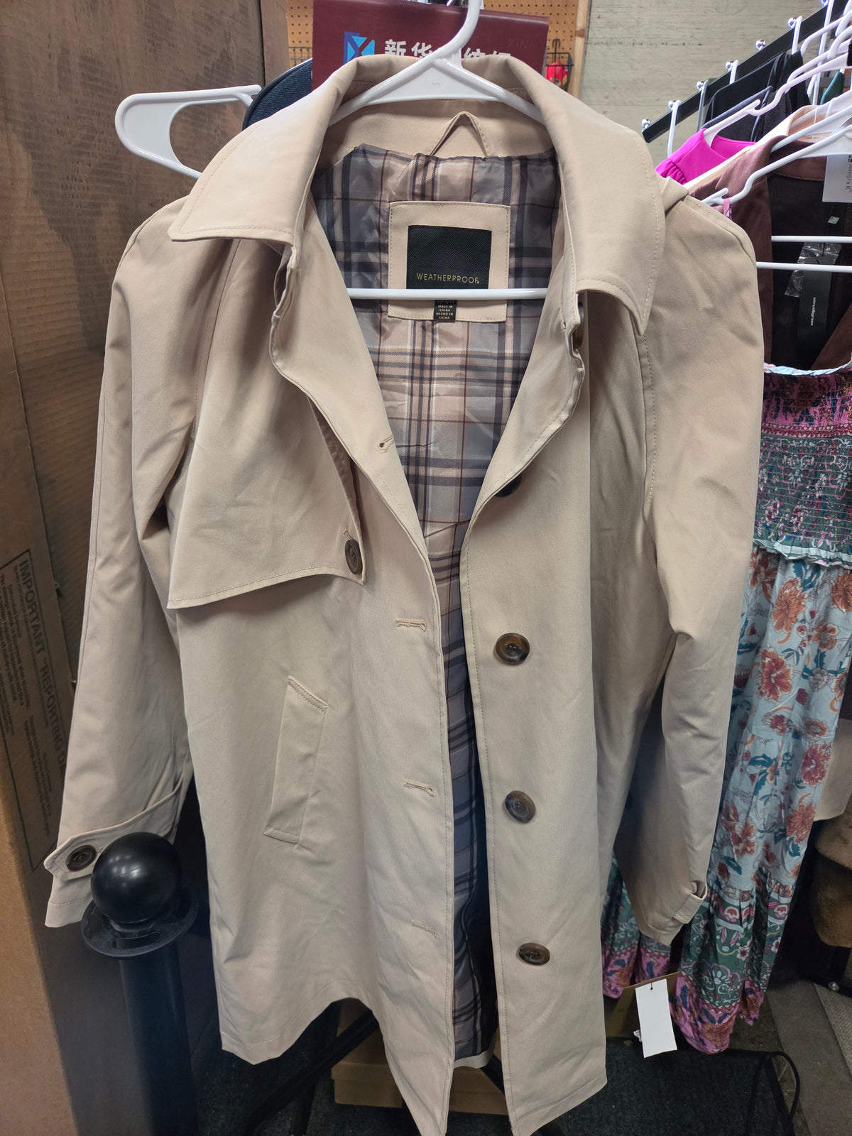 Weatherproof Women's Hooded Trench Coat Plaid Lining Khaki Beige Small NEW