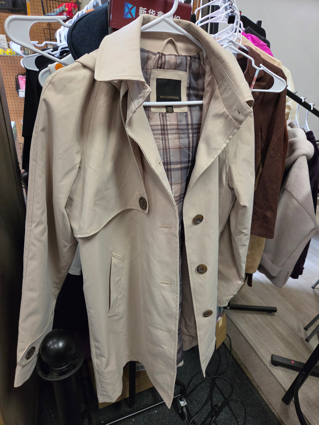 Weatherproof Women's Hooded Trench Coat Plaid Lining Khaki Beige Small NEW