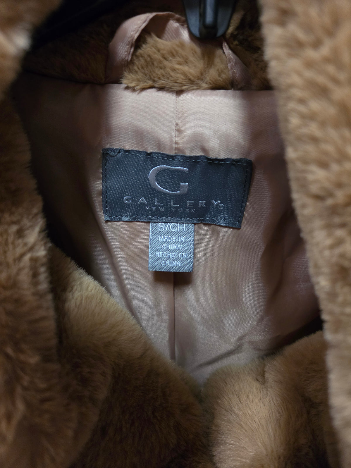 Gallery New York Plush Faux Fur Hooded Coat Jacket Cognac Brown Small NEW