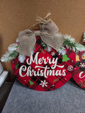 11.5" Merry Christmas Wooden Round Door Hanger Plaid Burlap Bow – NEW NIB