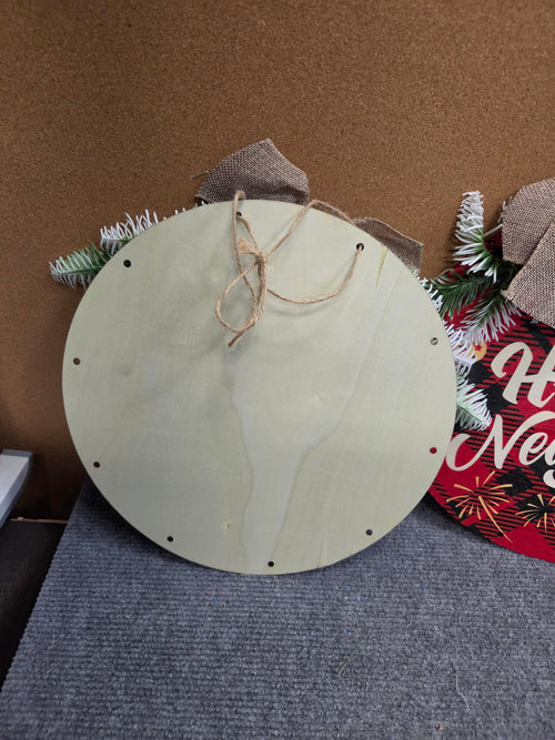 11.5" Merry Christmas Wooden Round Door Hanger Plaid Burlap Bow – NEW NIB