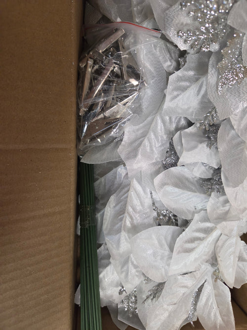 24ct Silver Glitter Poinsettia Christmas Tree Flowers Clips &amp; Stems NEW NIB