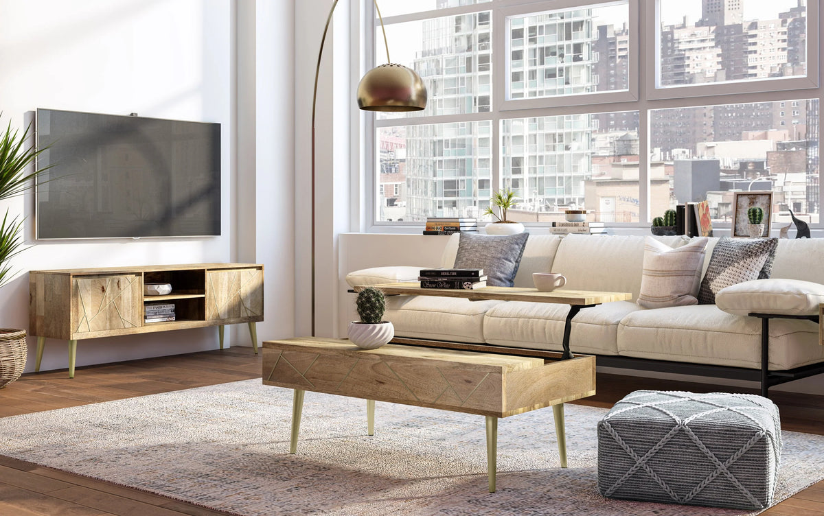 Simpli Home Jager 48" Solid Mango Lift Top Coffee Table Brass Inlay NEW NIB
