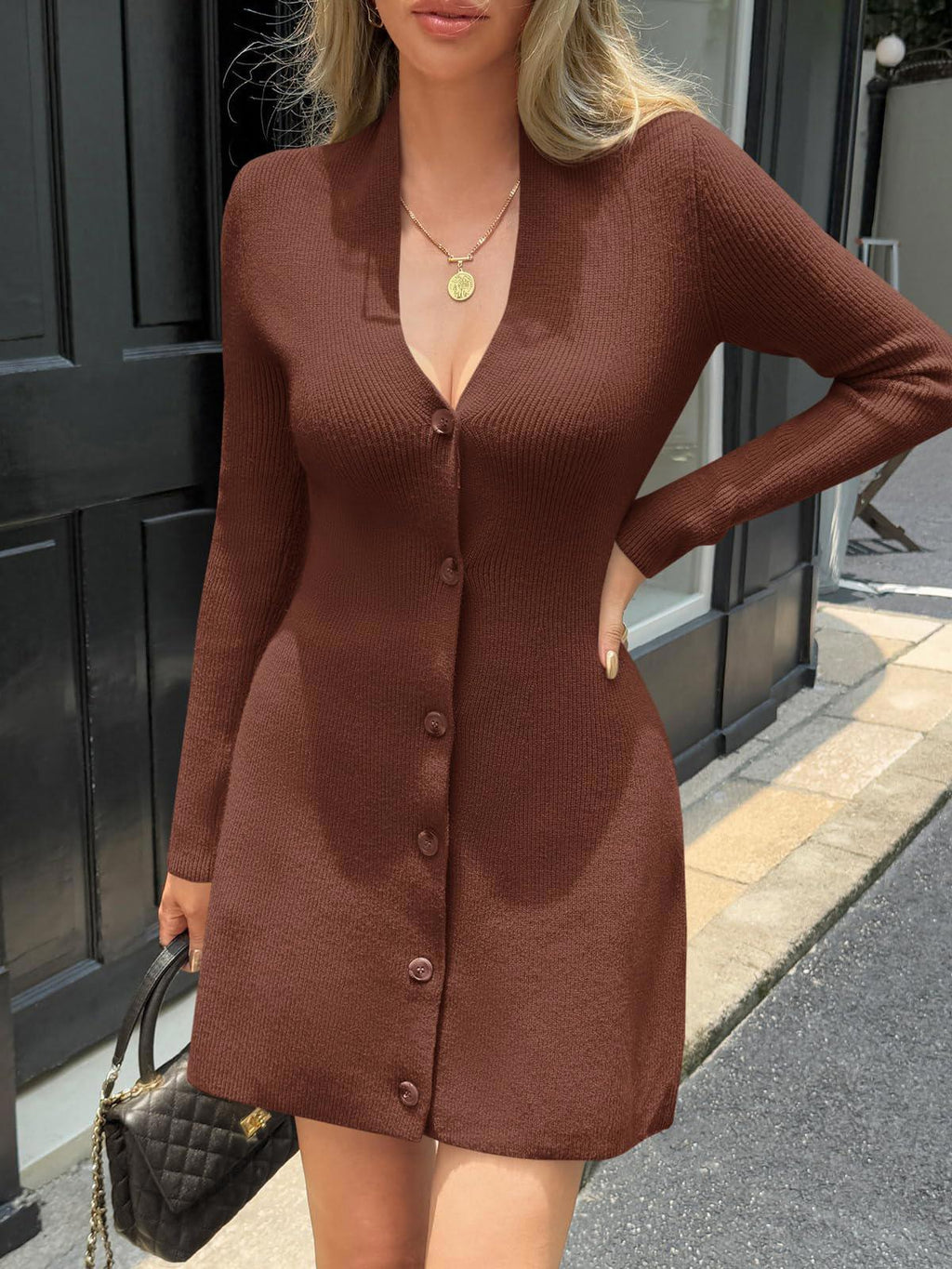 Wenrine Womens Deep V Neck Sweater Dress, Coffee, Small