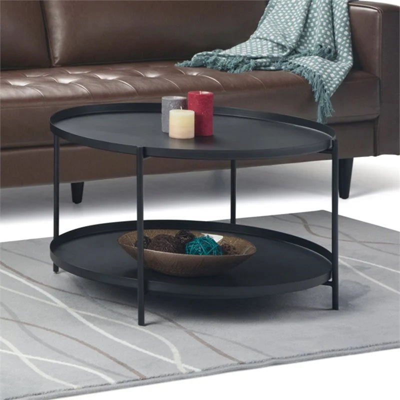 Simpli Home Monet 32" Round Metal Coffee Table – Matte Black Tray Top NEW