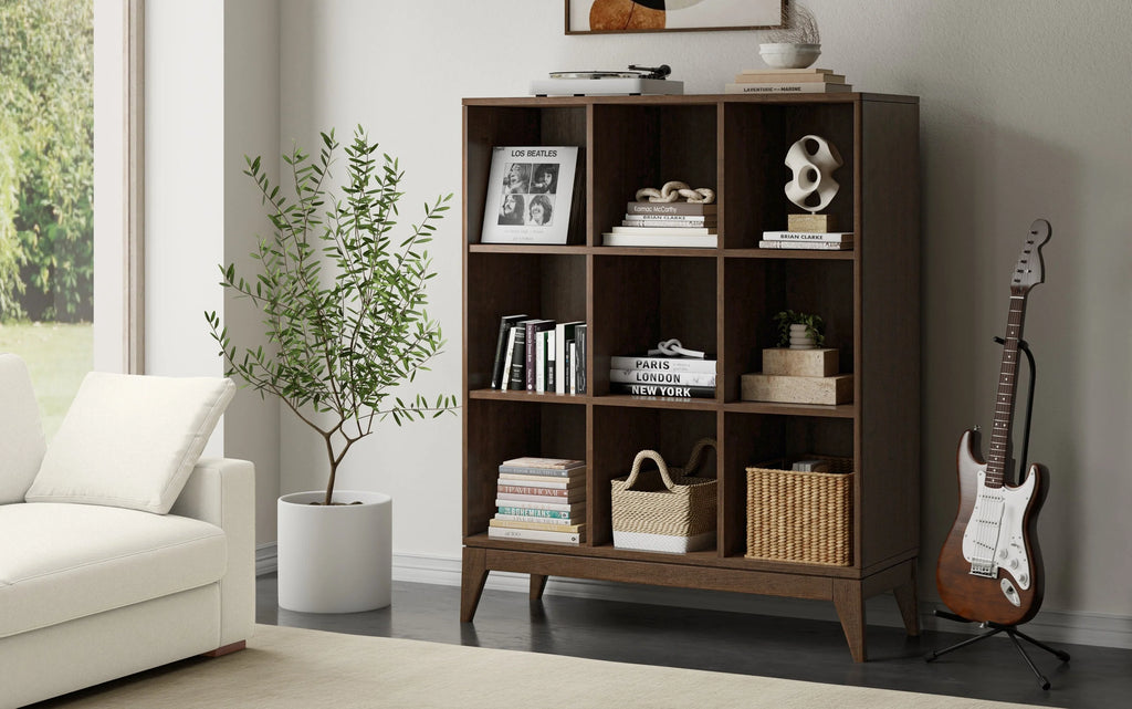 Simpli Home Harper 9-Cube Mid-Century Bookcase 52"H – Dark Walnut NEW NIB