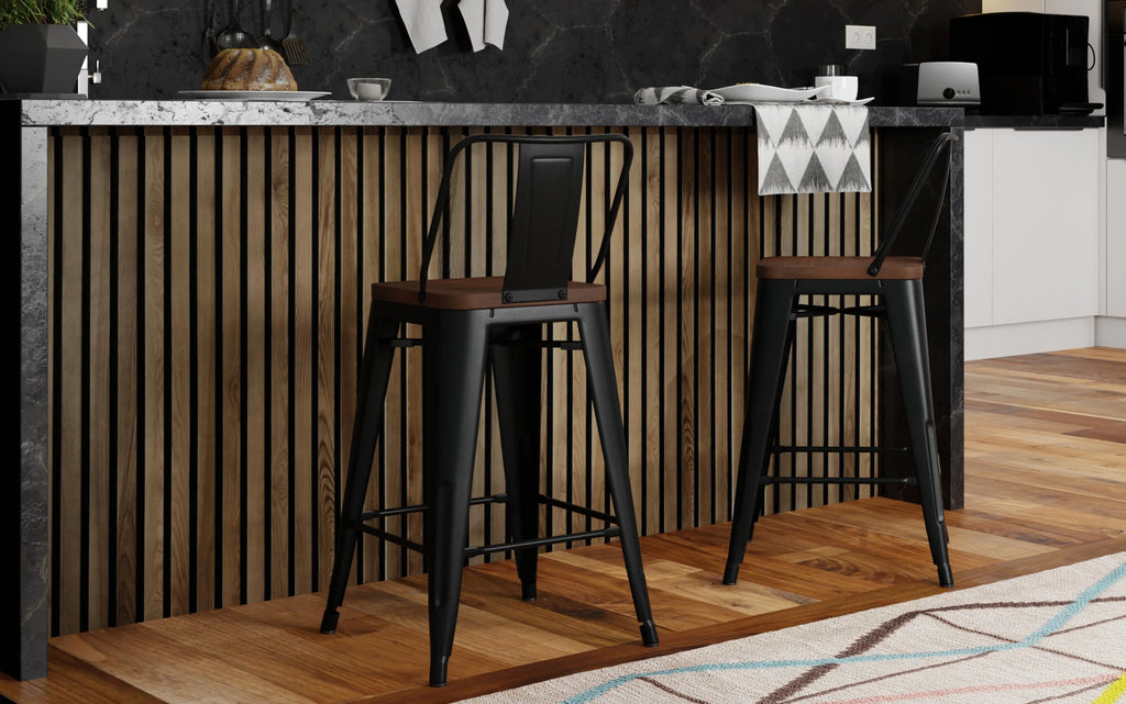 Simpli Home Rayne 24" Counter Stool Set of 2 – Wood Seat Black Metal NEW NIB