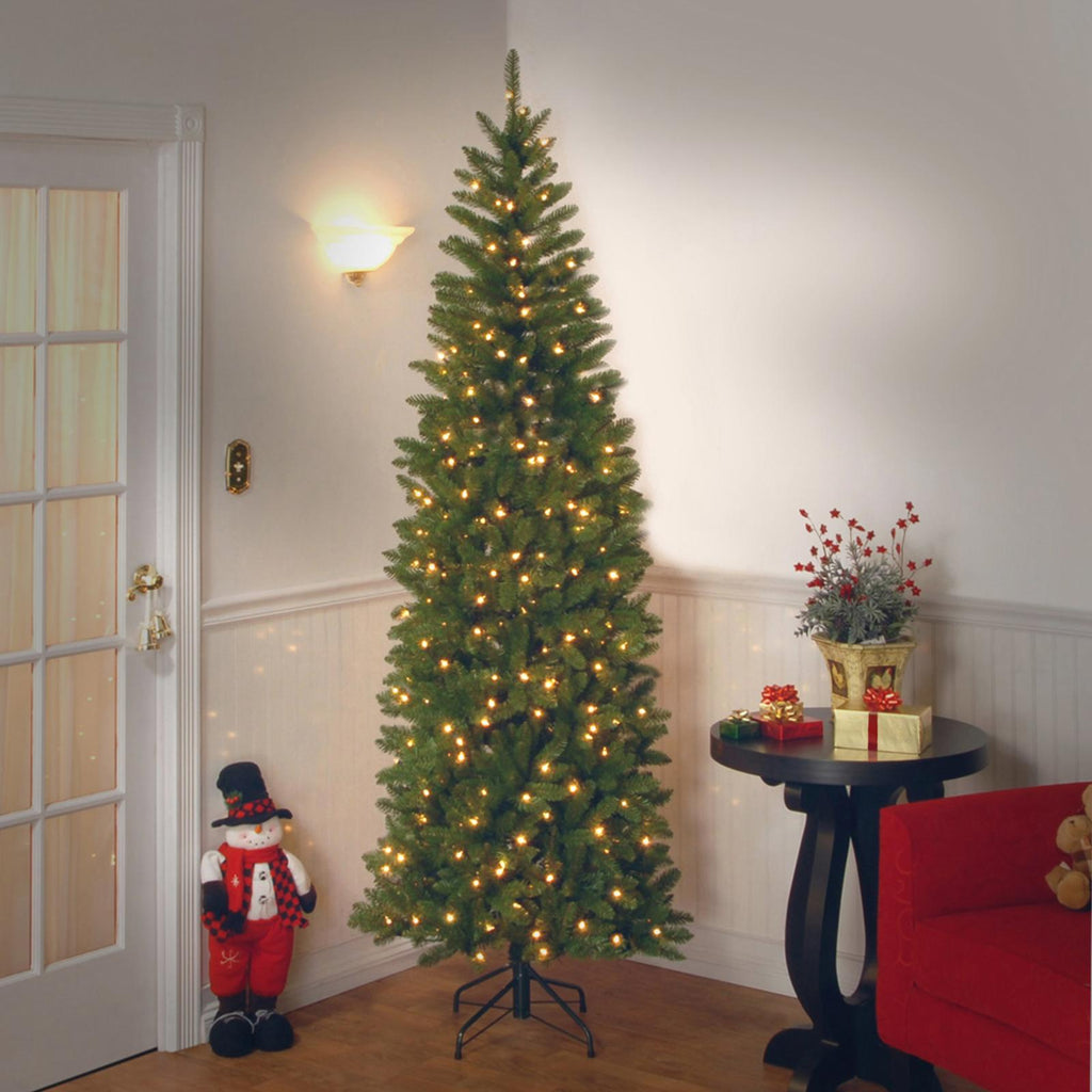 7.5 ft Pre-Lit Kingswood Fir Slim Artificial Christmas Tree, 450 LED Lights, Includes Stand, Green