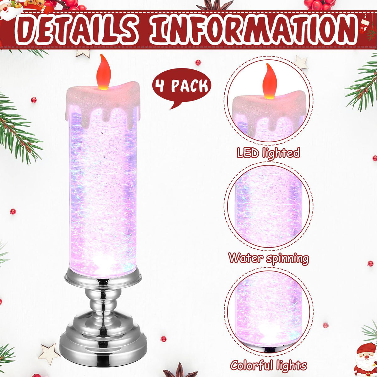 Baquler 4 Pcs 10.6" Christmas Snow Globe Candles with Silver Base