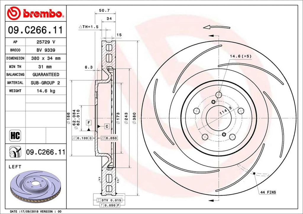 Brembo 09.C266.11 UV Coated vented Slotted Brake Rotor LEXUS OE 435160W020