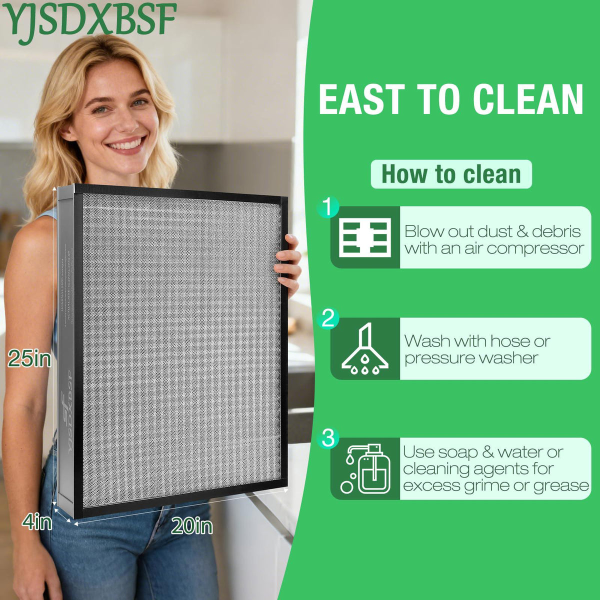 Washable Air Filter, 20x25x4, MERV 11, New