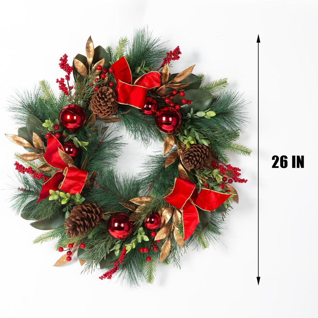 26“ Artificial Christmas Wreath, Red bows and balls