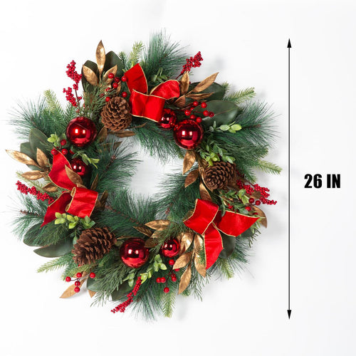 26“ Artificial Christmas Wreath, Red bows and balls