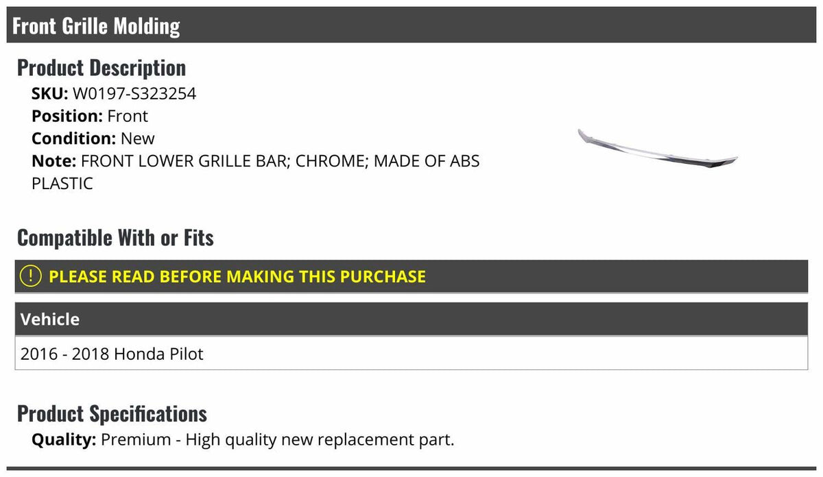 Front Lower Grille Molding, 2016-2018 Honda Pilot, Chrome