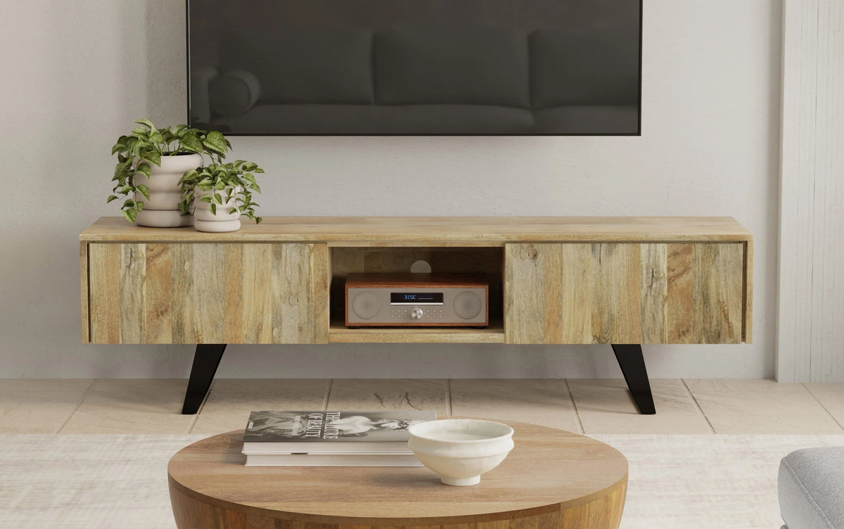 Simpli Home Lowry 72" Solid Mango Wood TV Media Stand for 80" TV – NEW NIB