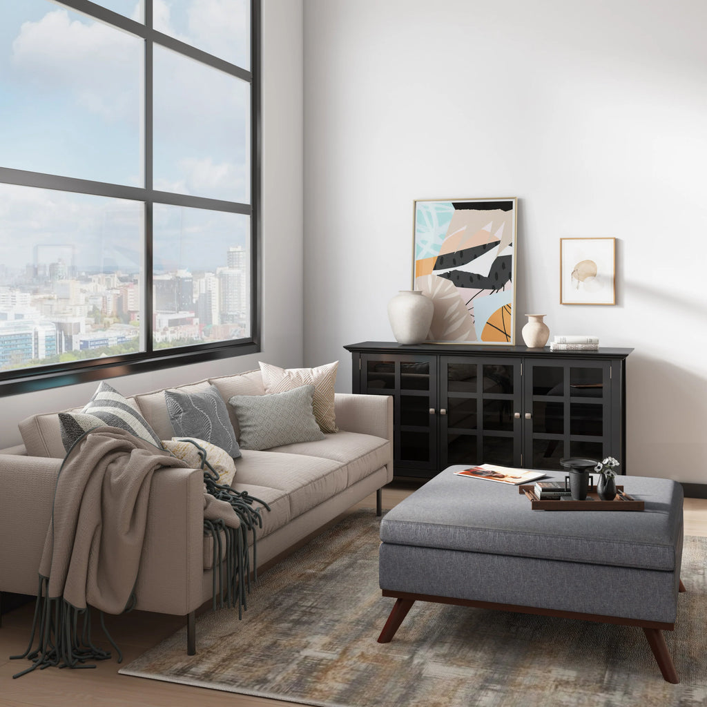 Simpli Home Owen 36" Mid-Century Storage Ottoman Coffee Table – Grey NEW NIB