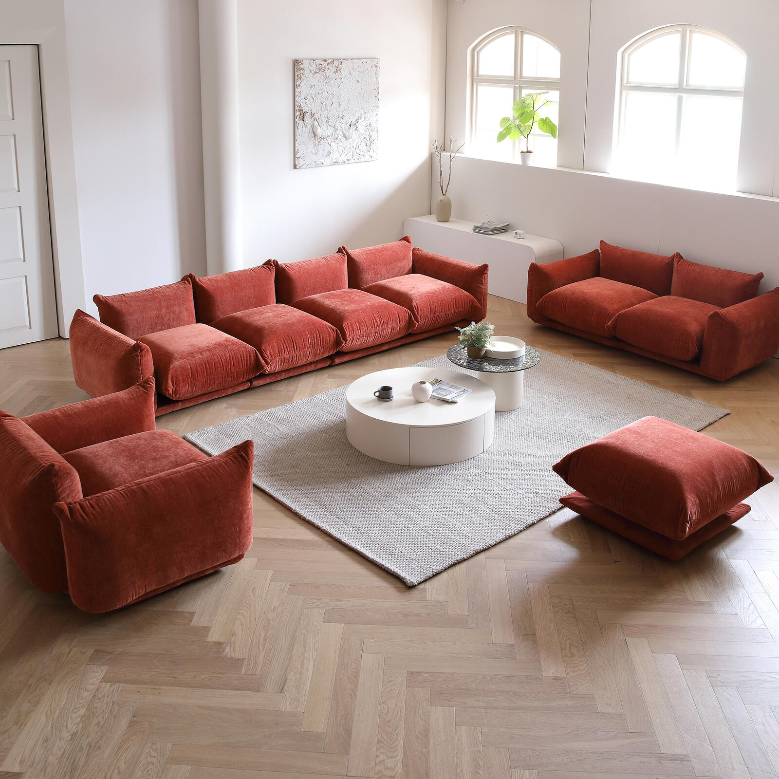 3 Seat + Ottoman Urban Modular Sofa in Beige/Green/Orange Upholstery - PDX Furnish