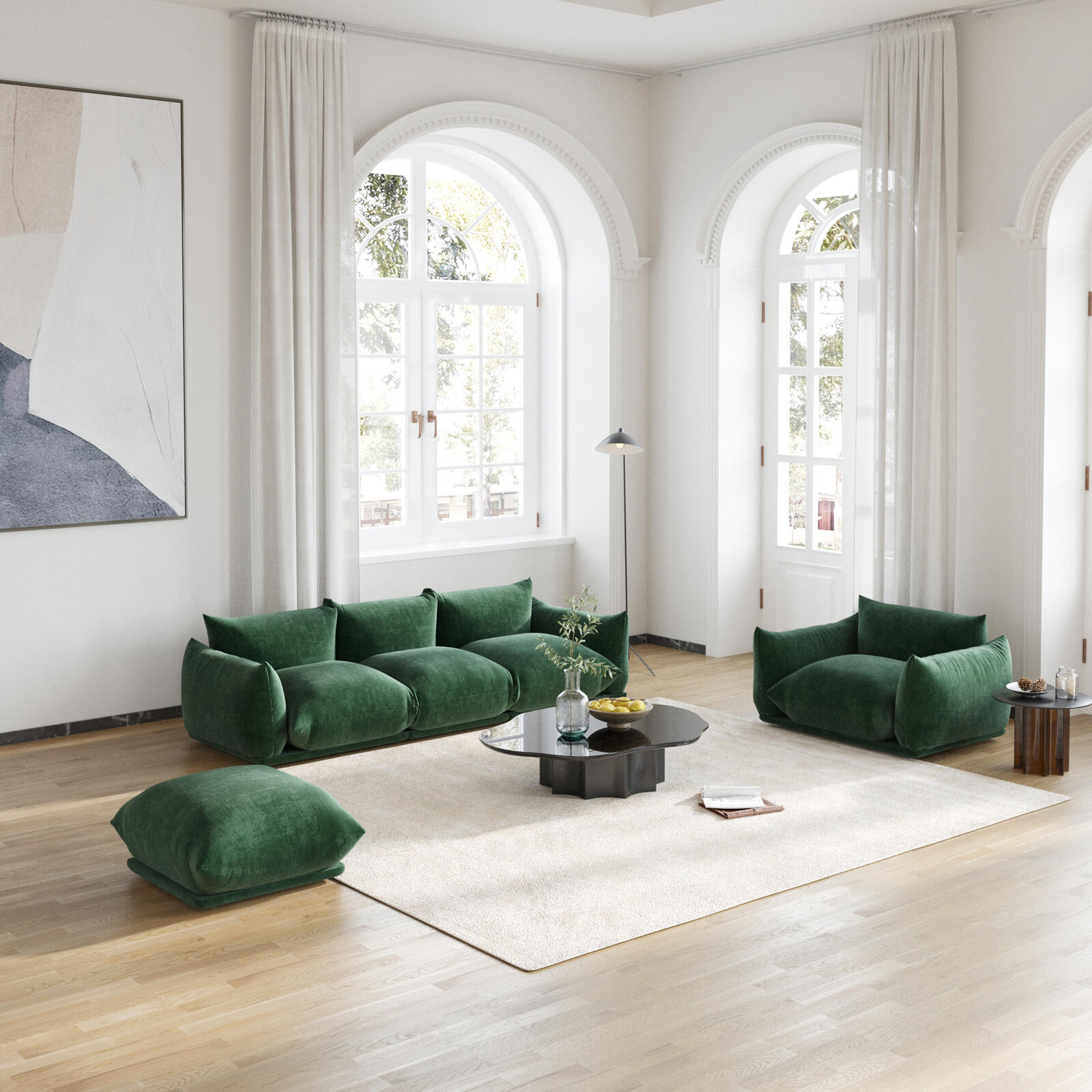 3 Seat + Ottoman Urban Modular Sofa in Beige/Green/Orange Upholstery - PDX Furnish