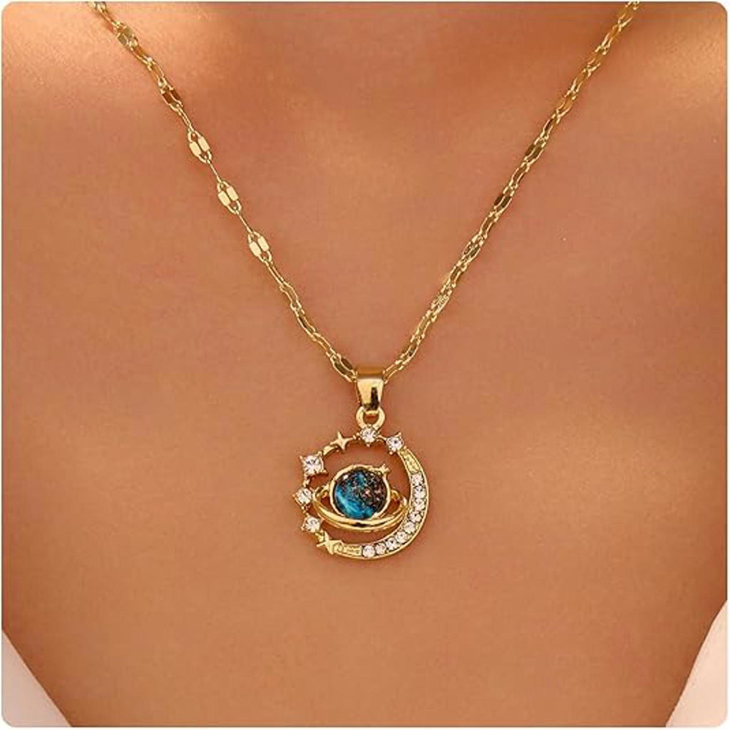 Gold Necklace for Women, Celestial Moon and Star Gemstone Pendant Necklace