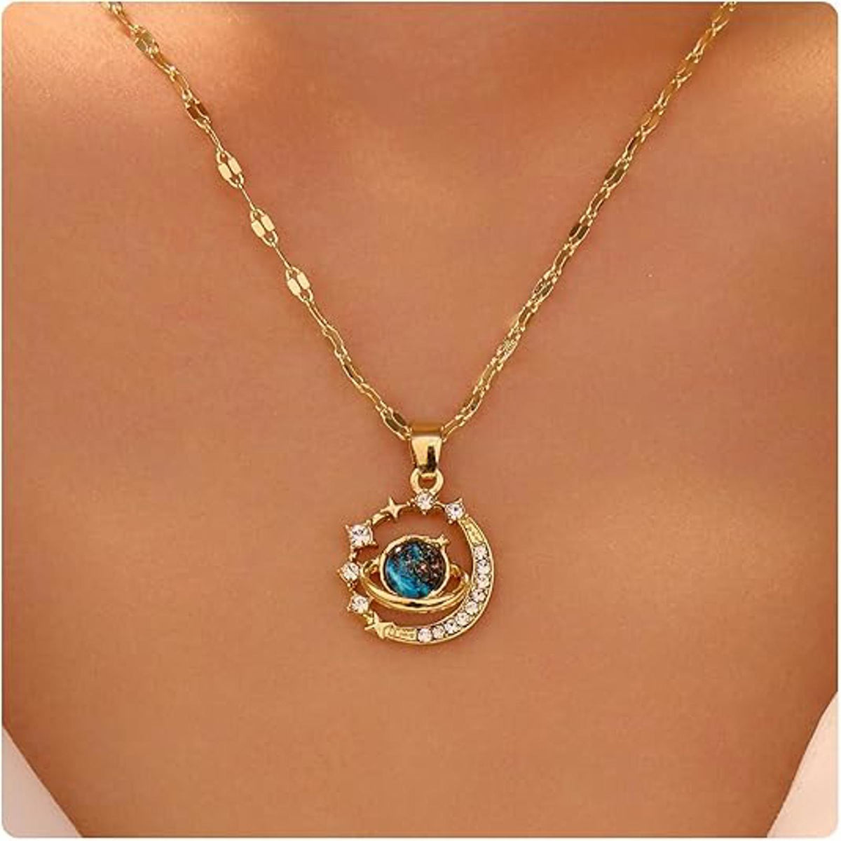 Gold Necklace for Women, Celestial Moon and Star Gemstone Pendant Necklace
