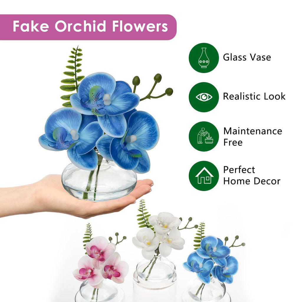 Blue Orchids Artificial Flowers Faux Orchids Arrangement in Clear Glass Vases