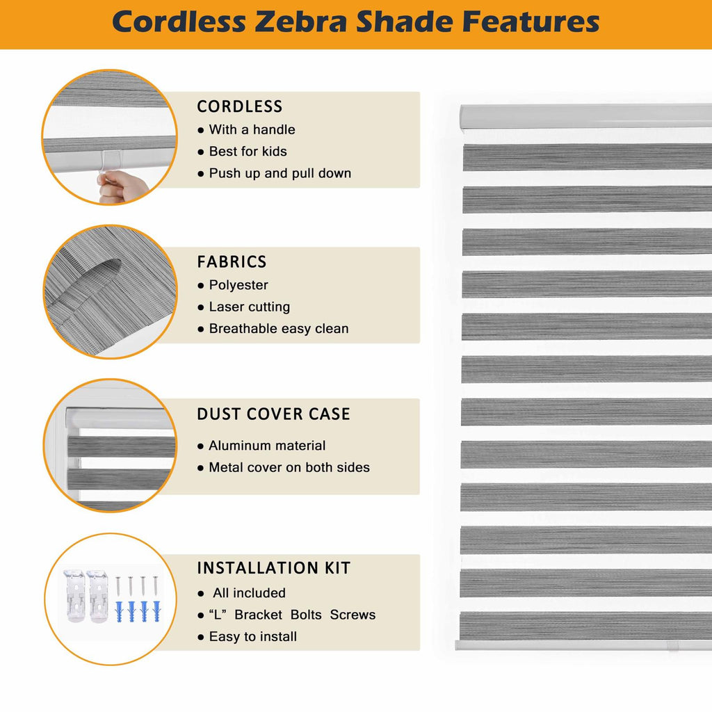 Cordless Zebra Blinds Window Blind, 39x72, Grey