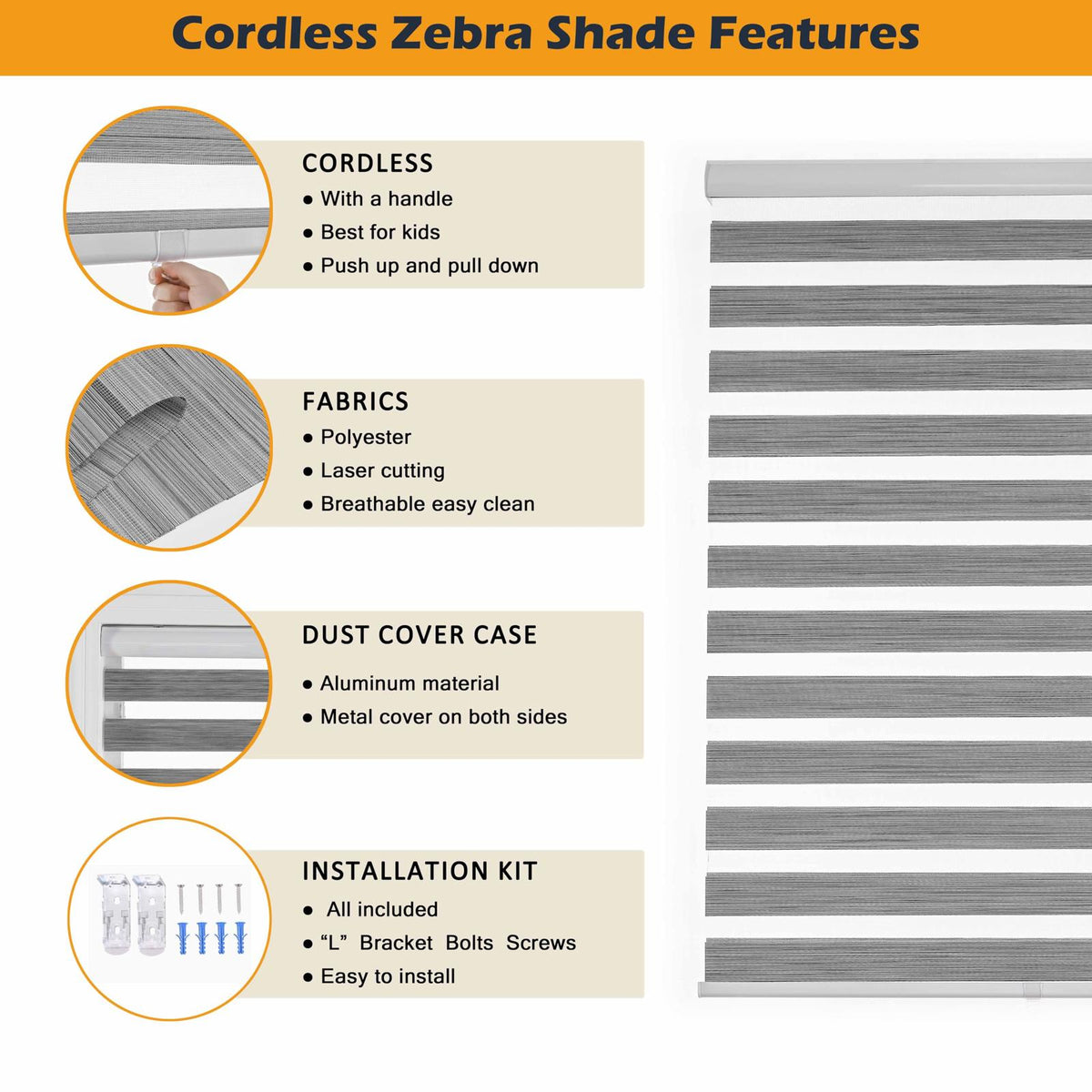 Cordless Zebra Blinds Window Blind, 39x72, Grey