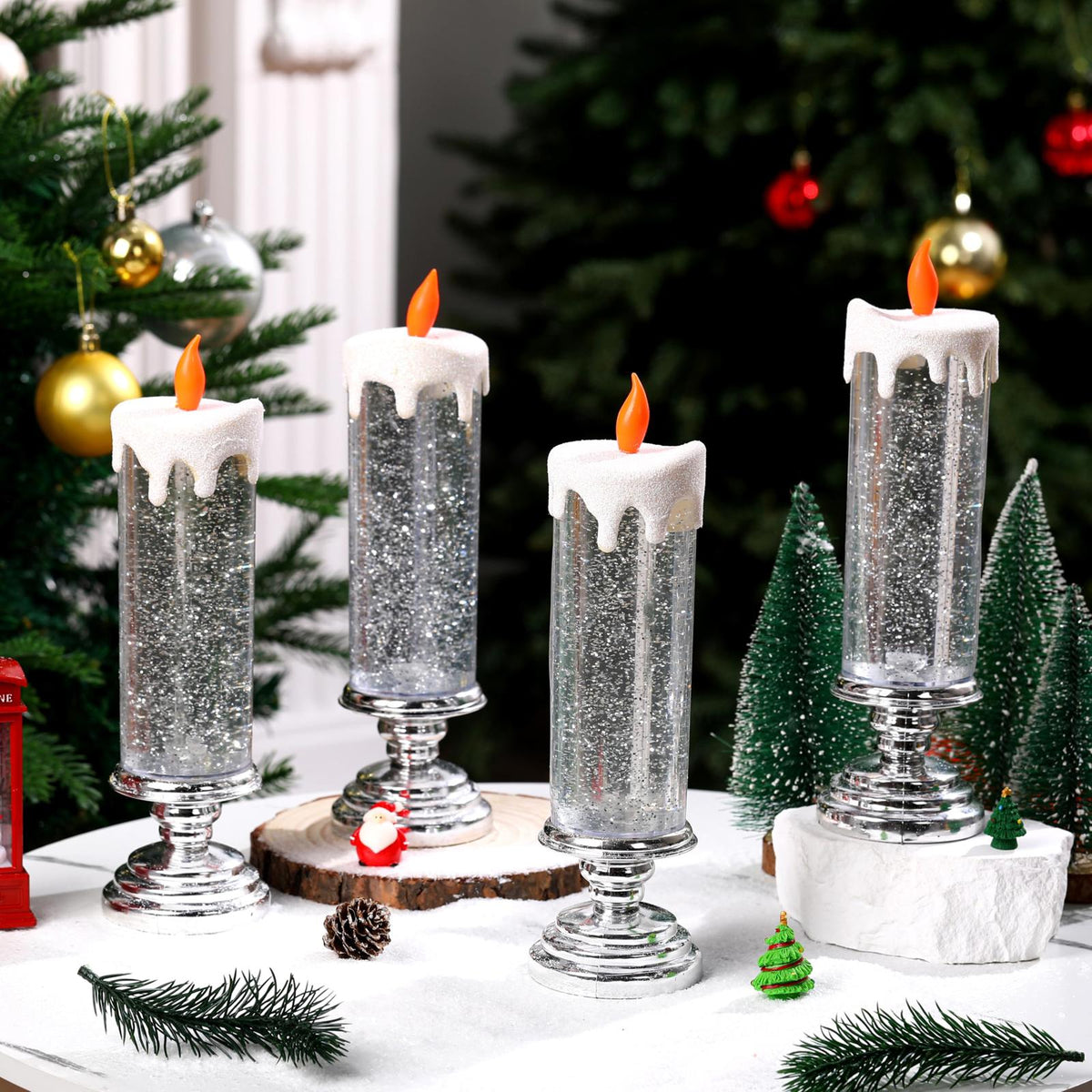 Baquler 4 Pcs 10.6" Christmas Snow Globe Candles with Silver Base