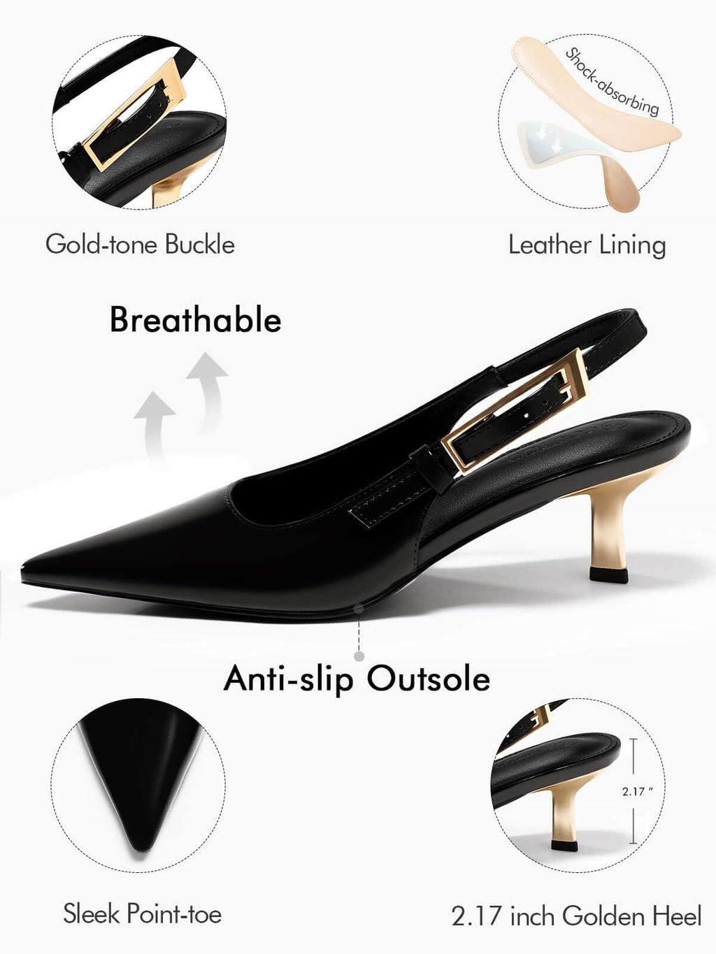 Womens Slingback Kitten Heels, Black, Size 8.5