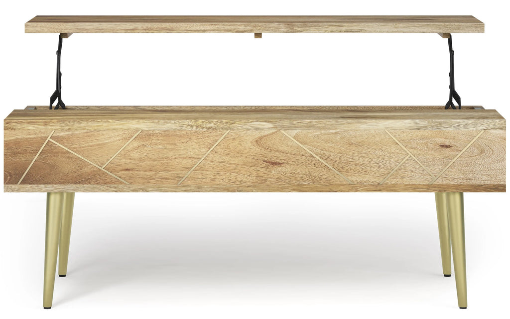 Simpli Home Jager 48" Solid Mango Lift Top Coffee Table Brass Inlay NEW NIB