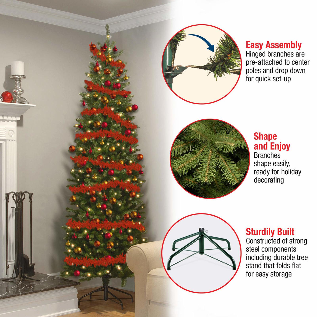 7.5 ft Pre-Lit Kingswood Fir Slim Artificial Christmas Tree, 450 LED Lights, Includes Stand, Green