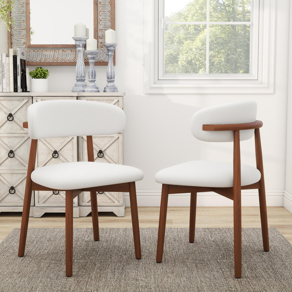Set of 4 Boucle and Solid Wood Dining Chairs