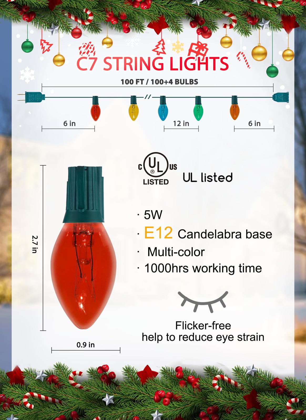 Multicolor Christmas String Lights, 100ft Vintage Christmas Tree Lights, C7