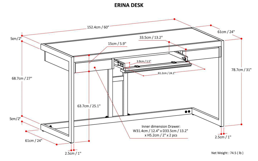 Simpli Home Erina 60" Solid Acacia Wood Industrial Desk w/ Drawers – NEW NIB