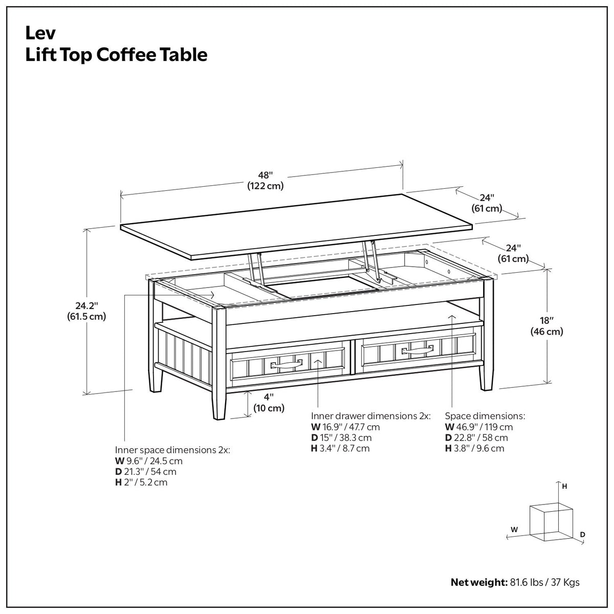 Simpli Home Lev 48" Solid Wood Lift-Top Coffee Table – Smoky Brown NEW NIB