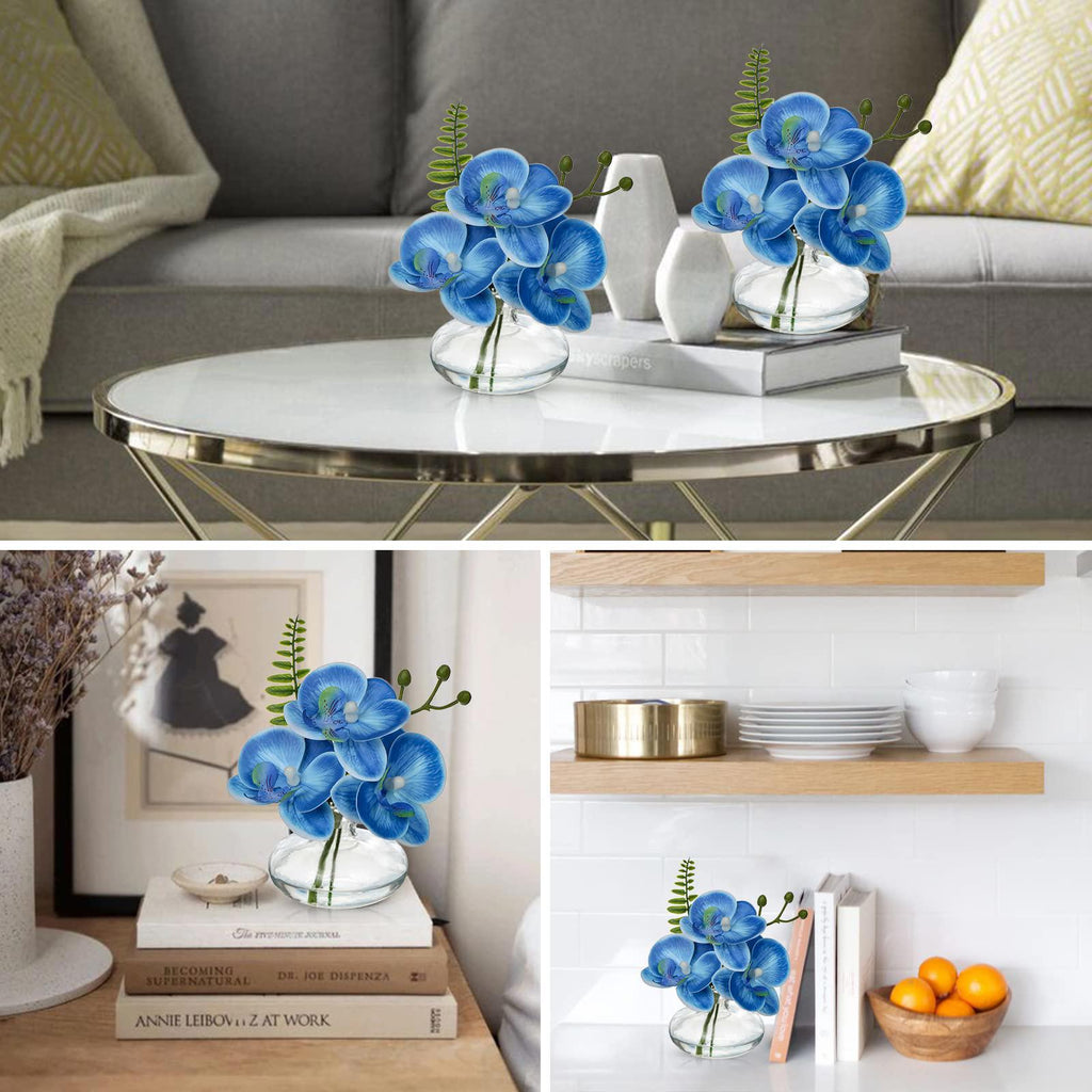 Blue Orchids Artificial Flowers Faux Orchids Arrangement in Clear Glass Vases
