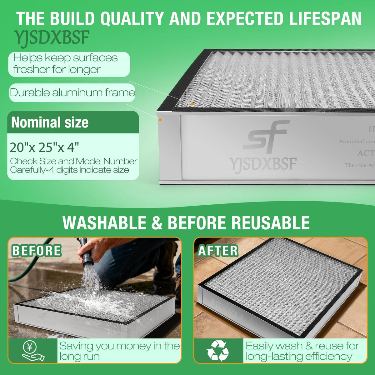 Washable Air Filter, 20x25x4, MERV 11, New